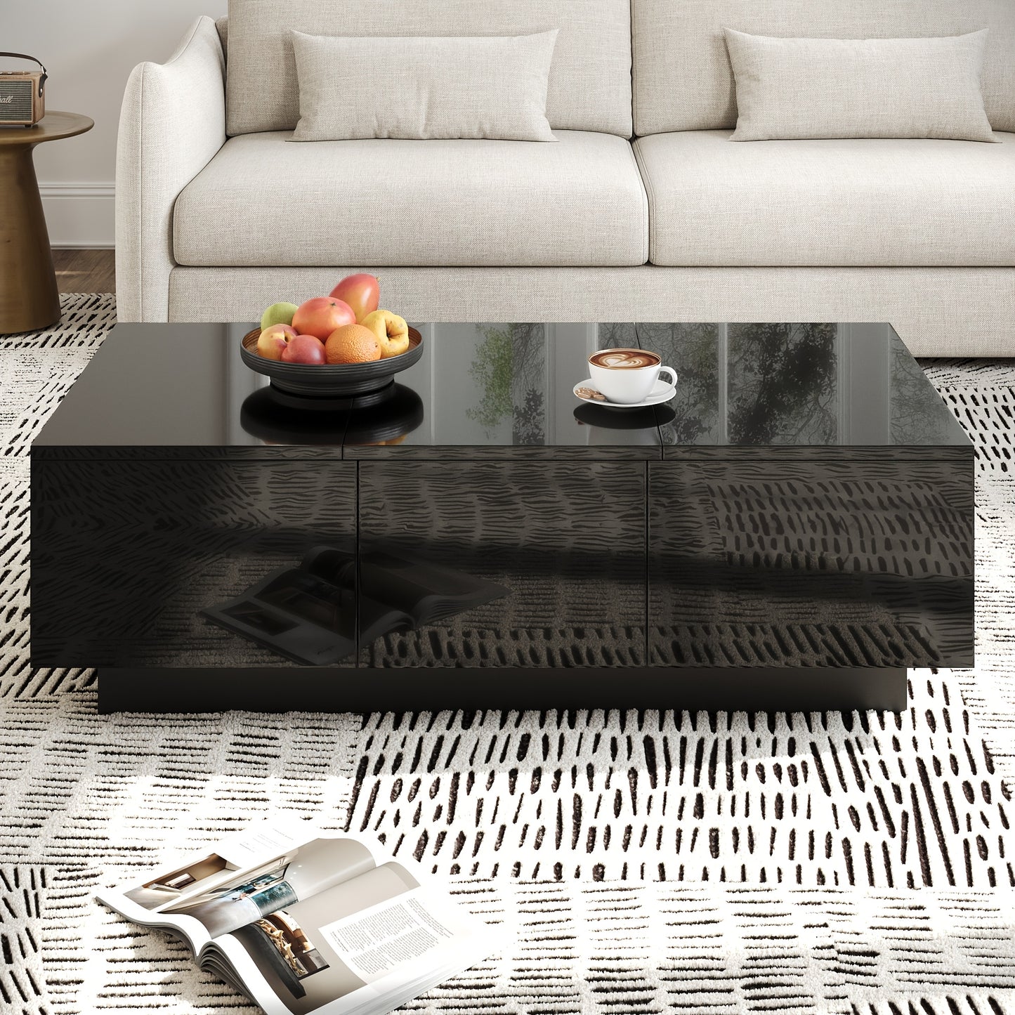 Modern High-Gloss Black Coffee Table with Drawers and Sliding Shelves | Rectangular Living Room Table with Ample Storage Space, Stylish Design, and Easy-to-Clean Surface