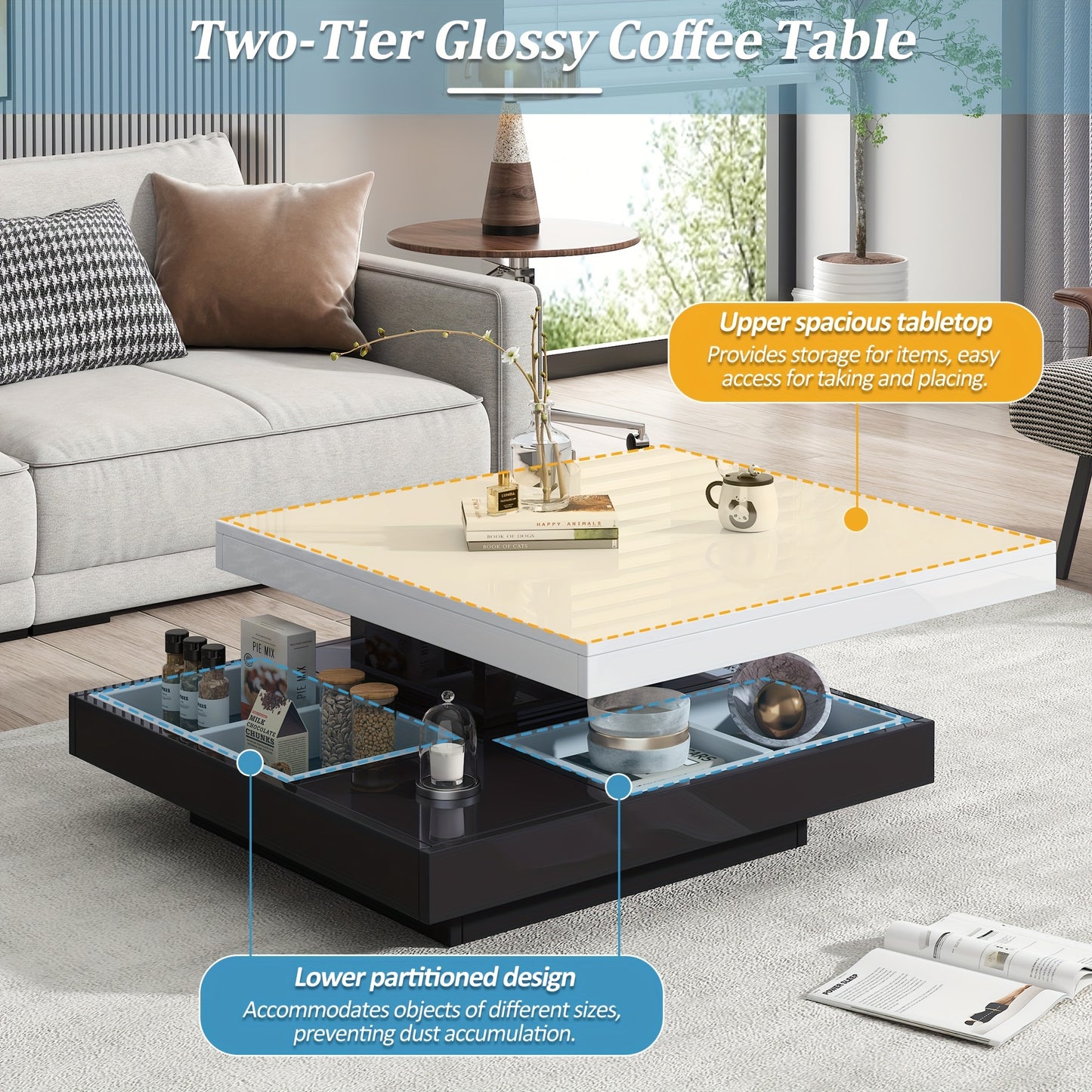 Salontafel – Woonkamertafel – Koffietafel – Bijzettafel – Draaibare Tafel – Hoogglans Wit – Zwart Frame – 360° Draaibaar – 2-Niveaus Opbergruimte 70x70x36 cm