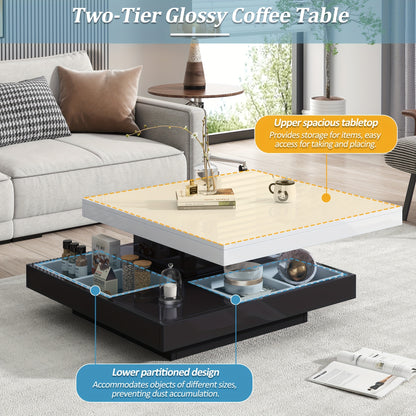 Salontafel – Woonkamertafel – Koffietafel – Bijzettafel – Draaibare Tafel – Hoogglans Wit – Zwart Frame – 360° Draaibaar – 2-Niveaus Opbergruimte 70x70x36 cm
