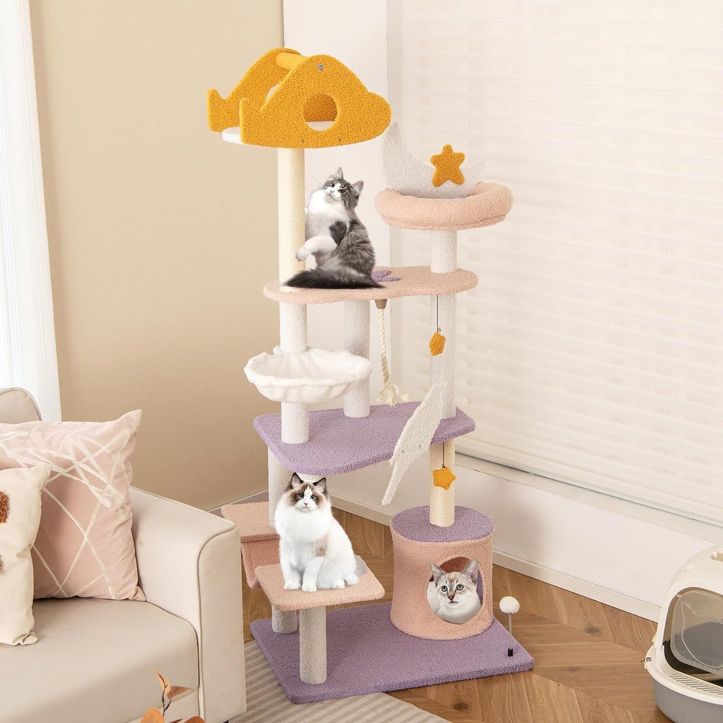 Kattentoren – Kattenmeubel – Krabpaal – Kattenboom – Krabmeubel – Multi-Level Speelparadijs – Natuurlijke Sisal Krabpalen – Comfortabele Hangmatten en Huisje – Paars-Roze