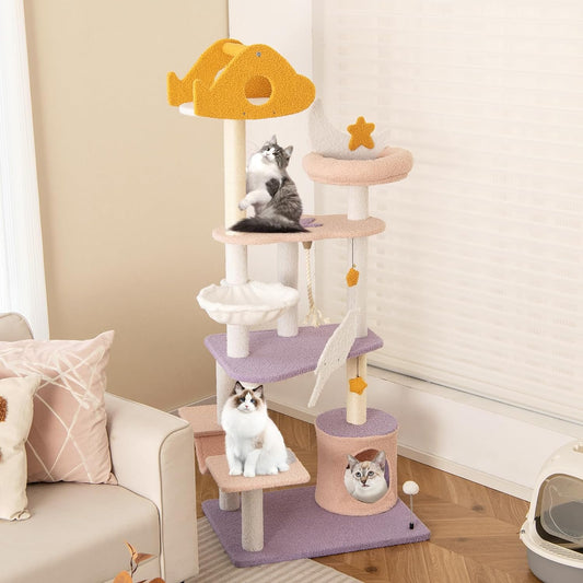Kattentoren – Kattenmeubel – Krabpaal – Kattenboom – Krabmeubel – Multi-Level Speelparadijs – Natuurlijke Sisal Krabpalen – Comfortabele Hangmatten en Huisje – Paars-Roze