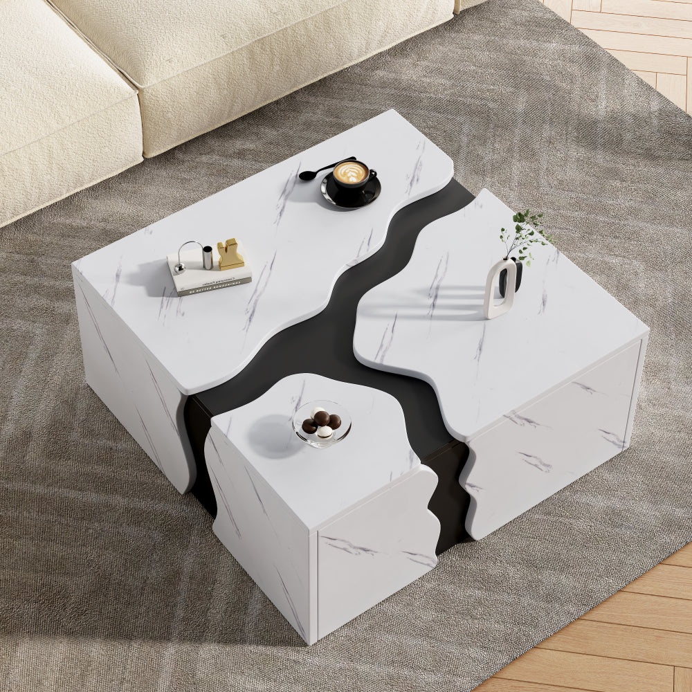 Living Room Coffee Table | 70 x 70 x 31 cm, Cubic Geometric Design, Side Table with Drawer, Uniquely Shaped Marble-Topped Table, Multifunctional Storage and Games Table, Modern Style, Metal Material