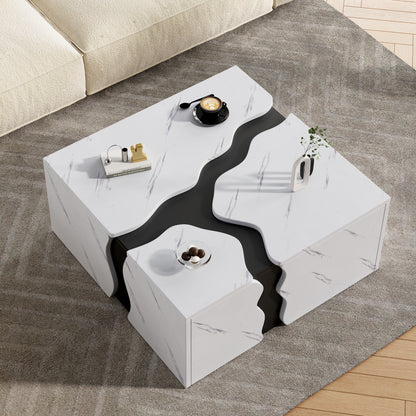 Living Room Coffee Table | 70 x 70 x 31 cm, Cubic Geometric Design, Side Table with Drawer, Uniquely Shaped Marble-Topped Table, Multifunctional Storage and Games Table, Modern Style, Metal Material