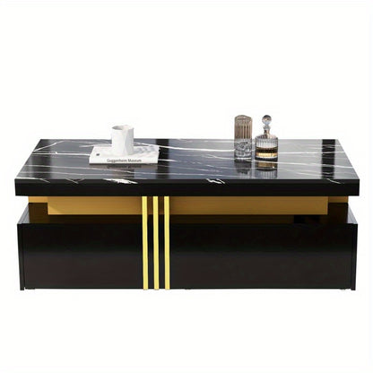 Moderne Salontafel – Koffietafel – Bijzettafel – Nachtkastje – Side Table – Marmerlook Hoogglans – 100x50x40 cm – 2 Lades & Metalen Frame