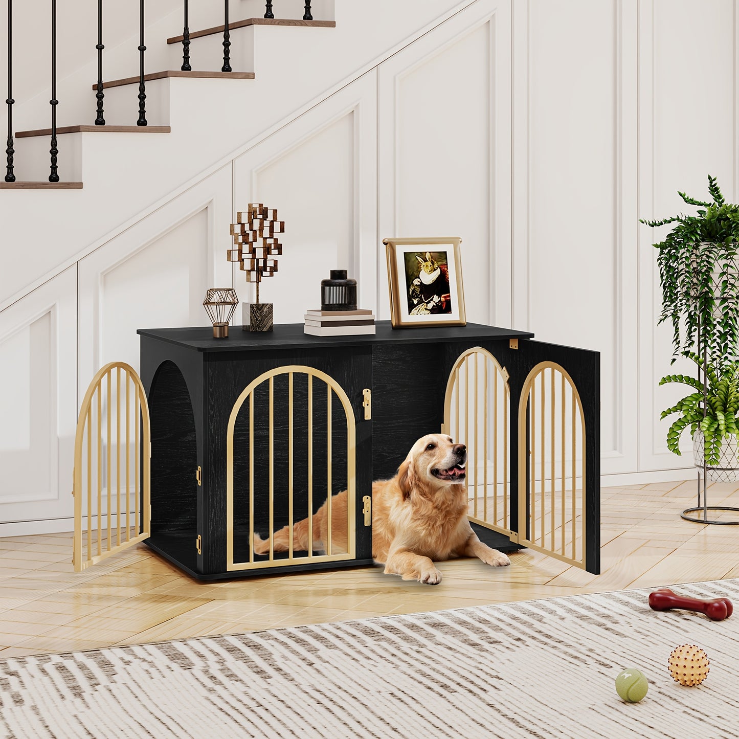 Modern & Black Dog Crate Furniture with 3-Arched Doors & Side Table - Sturdy Iron Construction, Spacious 100x60x63cm Indoor Kennel for Large Dogs, Durable Pet House with Storage Shelf, Decorative & Functional Design for Home - QUORE