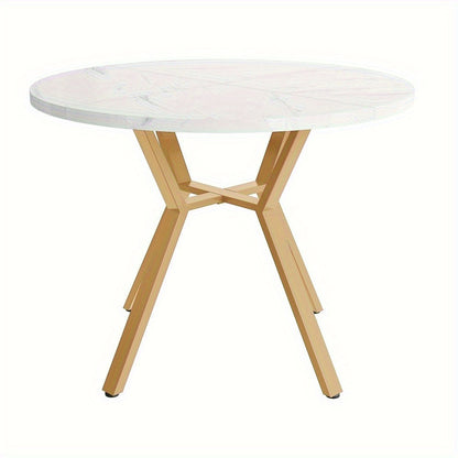 Eettafel – Dinertafel – Keukentafel – Ronde Tafel – Tafeltje – 1 Meter Diameter – Wit-Grijs Marmeren Blad – Stevige Metalen Poten