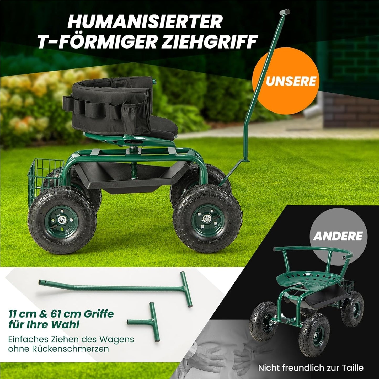 Tuinstoel – Tuinstoelen – Tuinwagen – Tuinmeubel – Tuinkruk – 360° Draaibaar – In Hoogte Verstelbaar – Met Wielen – Met Opbergruimte – Met Kussen – Max 150 kg – Groen Metalen Frame