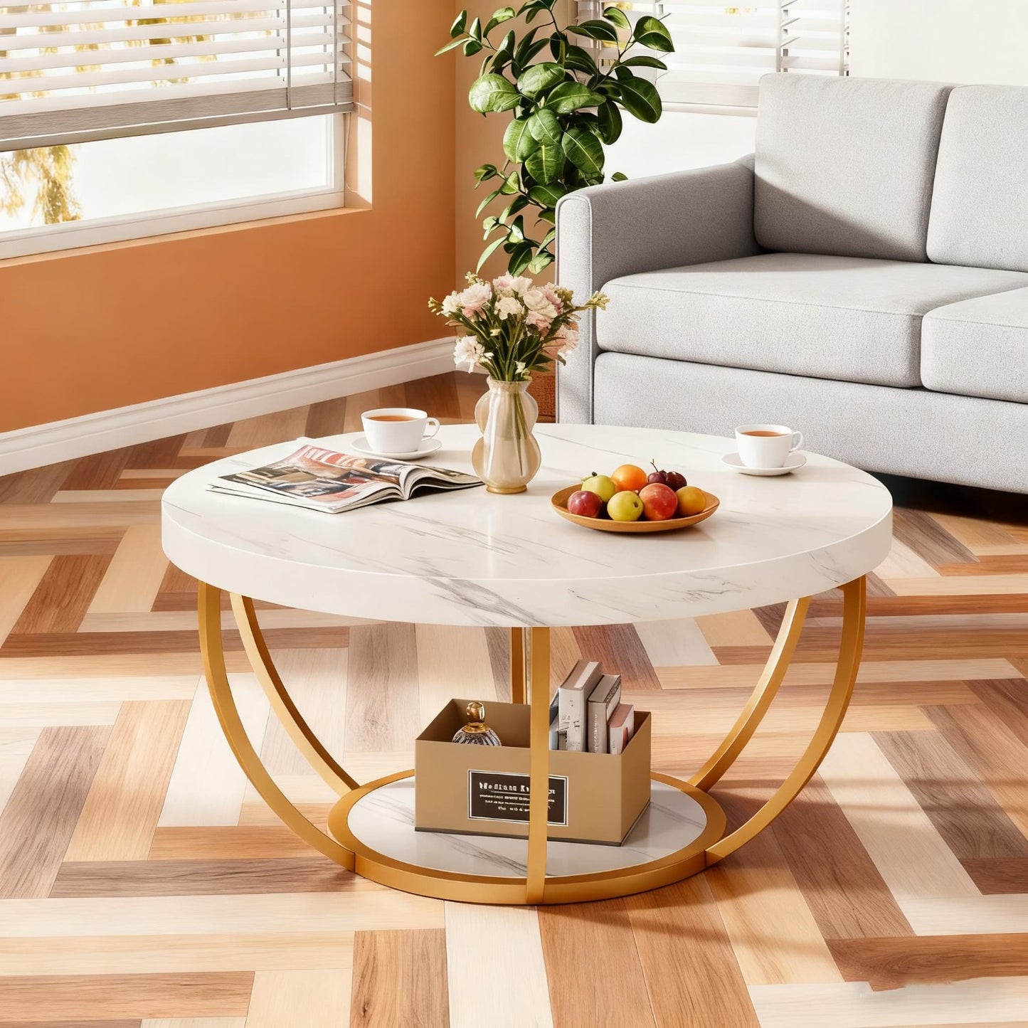 Ronde Salontafel – Cocktailtafel – Bijzettafel – Tafel – Woonkamertafel – Modern Design – Wit Marmerlook – Gouden Poten – 2-Laags Opbergruimte – Eenvoudige Montage