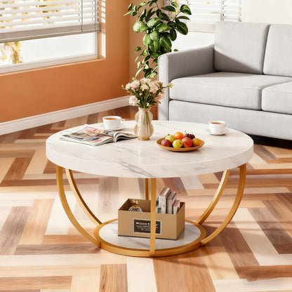 Ronde Salontafel – Cocktailtafel – Bijzettafel – Tafel – Woonkamertafel – Modern Design – Wit Marmerlook – Gouden Poten – 2-Laags Opbergruimte – Eenvoudige Montage