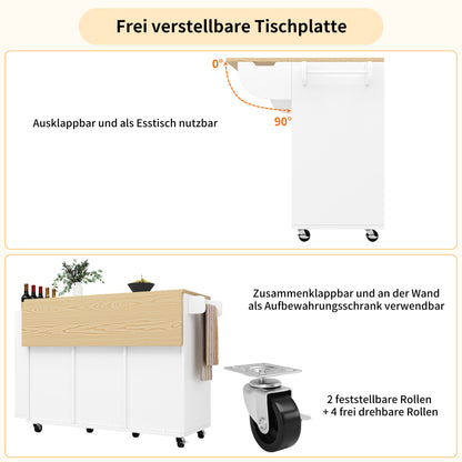 Keukenwagen – Keukentrolley – Keukenkar – Keukenmeubel – Desserte – Inklapbaar Werkblad – Schuifdeuren Met 3 Lades – Wit – 110x42x90 cm – Houtlook MDF 