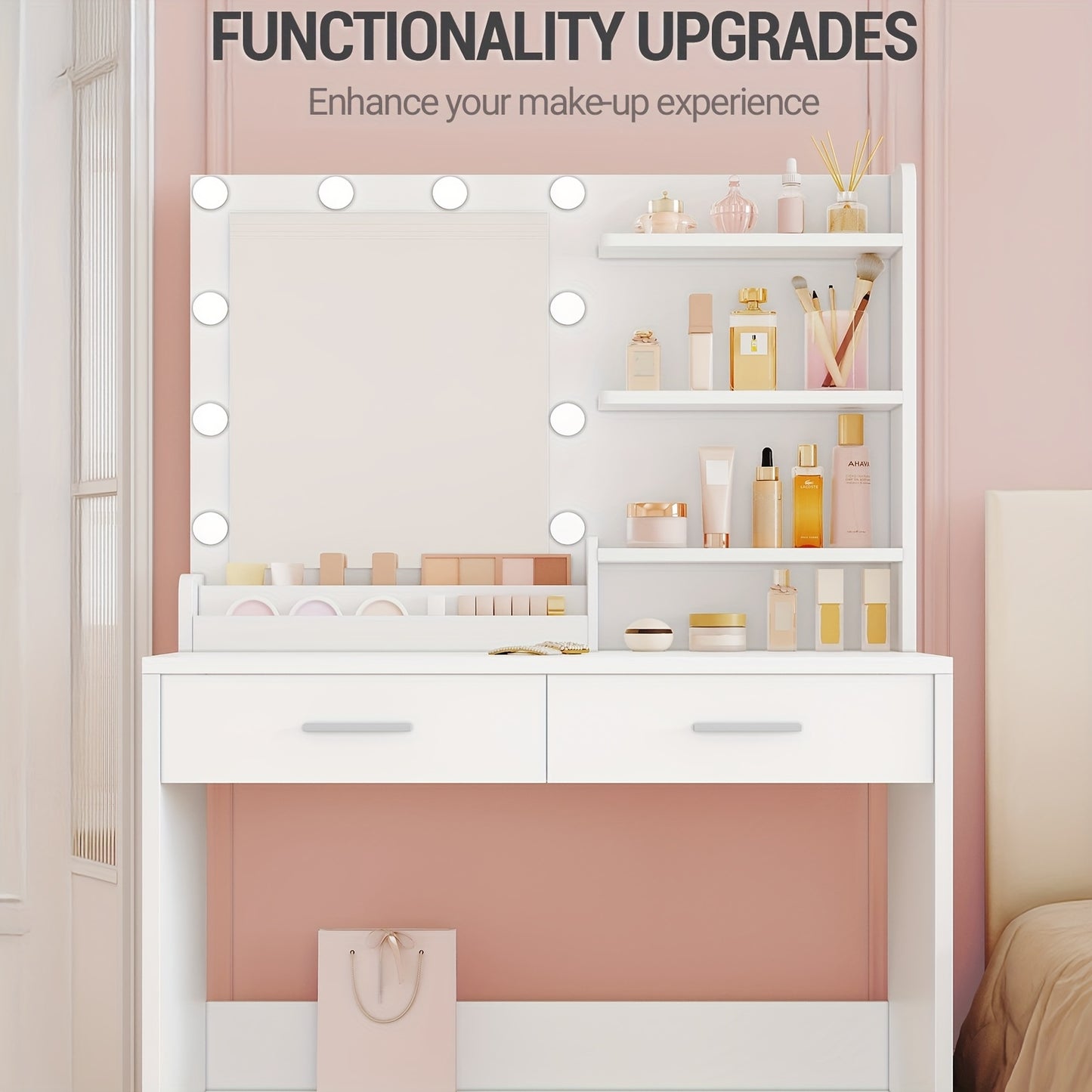 Dressing Table – Make-up Tafel – Vanity – Make-up Spiegel – Kaptafel – LED Verlichting – 90 cm Wit – 3 Helderheidsniveaus – 2 Laden & 4 Open Vakken