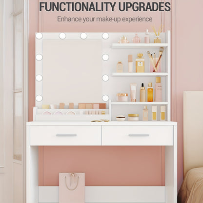 Dressing Table – Make-up Tafel – Vanity – Make-up Spiegel – Kaptafel – LED Verlichting – 90 cm Wit – 3 Helderheidsniveaus – 2 Laden & 4 Open Vakken