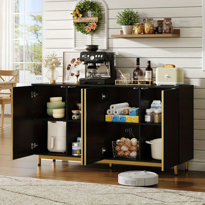 Dressoir – Sideboard – Opbergkast – Buffetkast – Kast – Modern Design – 150 cm – Golvende Ribbeldeuren – Verstelbare Metalen Poten – Zwart