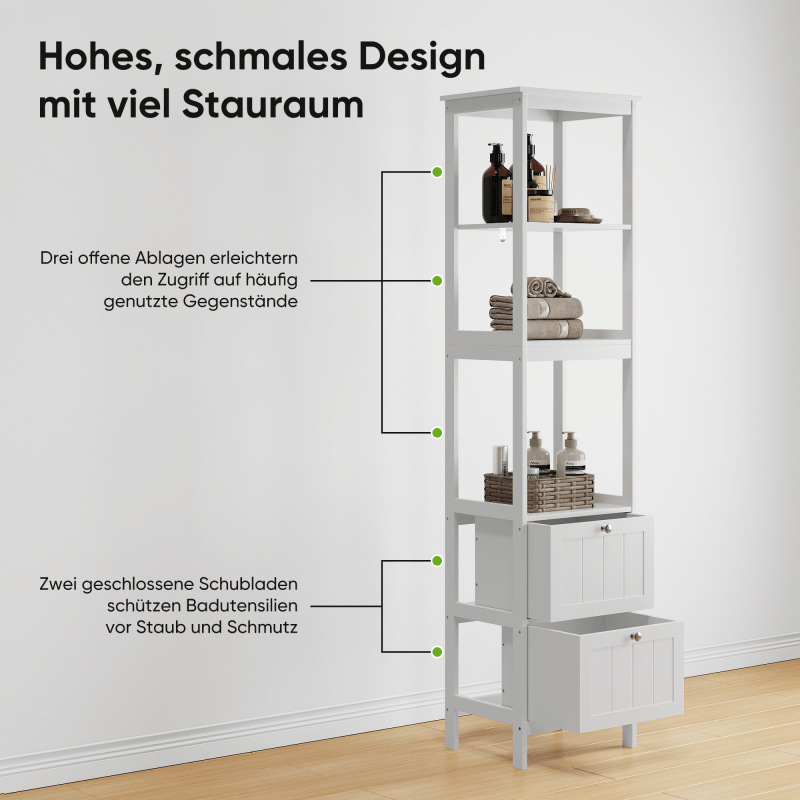 Slank Hoog Kastje – Smalle Opbergkast – Verticale Badkamerkast – Smal Meubel – Waskamer Rek – Wit MDF – 2 Lades & 3 Planken – Ruimtebesparend Ontwerp – Eenvoudige Montage