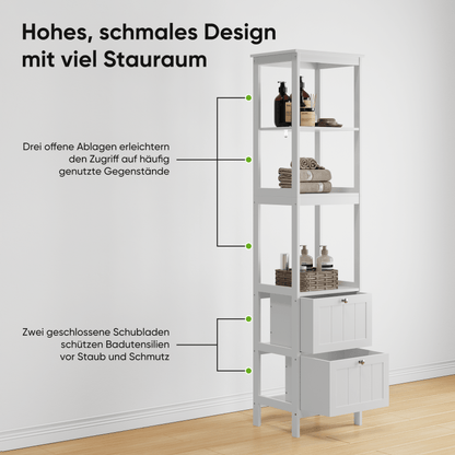 Slank Hoog Kastje – Smalle Opbergkast – Verticale Badkamerkast – Smal Meubel – Waskamer Rek – Wit MDF – 2 Lades & 3 Planken – Ruimtebesparend Ontwerp – Eenvoudige Montage