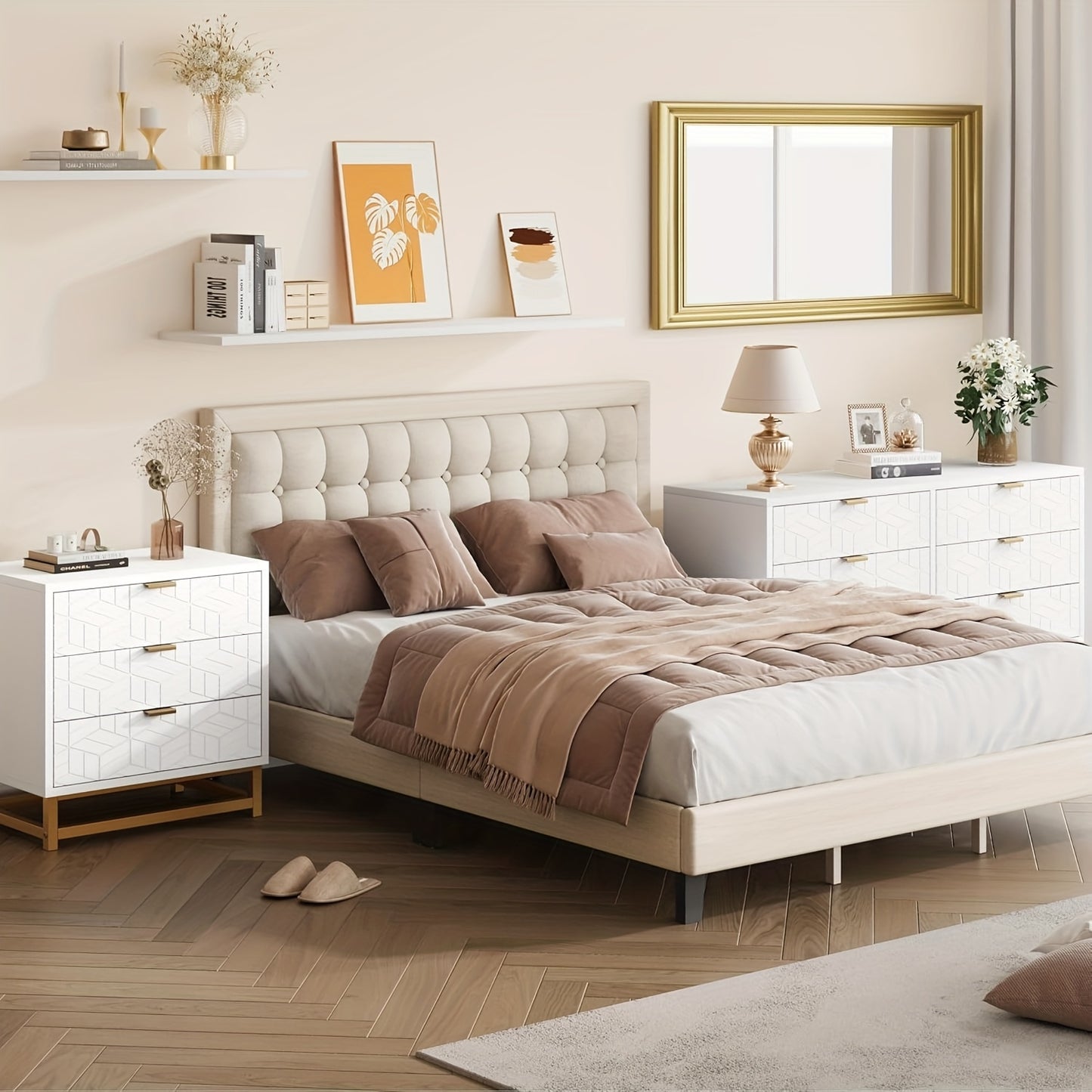 Nachtkastje – Bijzettafel – Nachtkast – Bedkastje – Ladekastje – 4 Lades – Ruimtebesparend Design – Hout en MDF – Goudkleurige Metalen Poten – Geometrisch Patroon – 60x40x64 cm