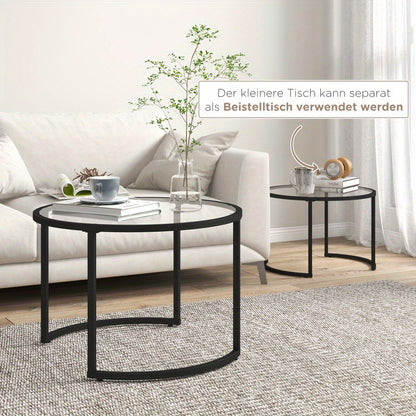 Salontafel – Koffietafel – Bijzettafel – Lounge Tafel – Nestbare Tafel – Zwart Staal Frame – Tempered Glasblad – Set van 2