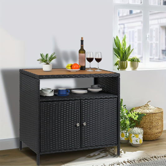 Outdoor Wicker Storage Cabinet with 2 Doors & Open Shelf - Space-Saving Patio Bar Table & Buffet Sideboard, Durable Metal Frame & Hardwood Countertop, Easy Assembly for Poolside, Backyard, Garden - No Electricity Needed, Patio Storage Cabinet, Backyard Or