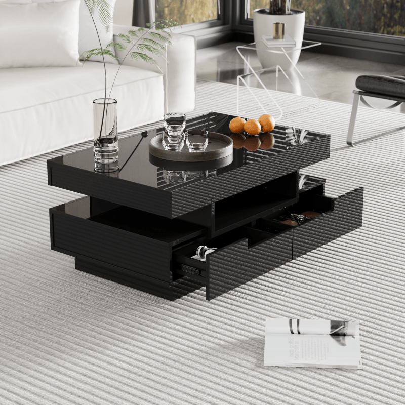 Salontafel – Koffietafel – Bijzettafel – Nachtkastje – Woonkamertafel – Hoogglans Zwart – Vier Lades & Opbergruimte – Ingebouwde Blauwe LED Sfeerlicht
