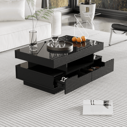 Salontafel – Koffietafel – Bijzettafel – Nachtkastje – Woonkamertafel – Hoogglans Zwart – Vier Lades & Opbergruimte – Ingebouwde Blauwe LED Sfeerlicht