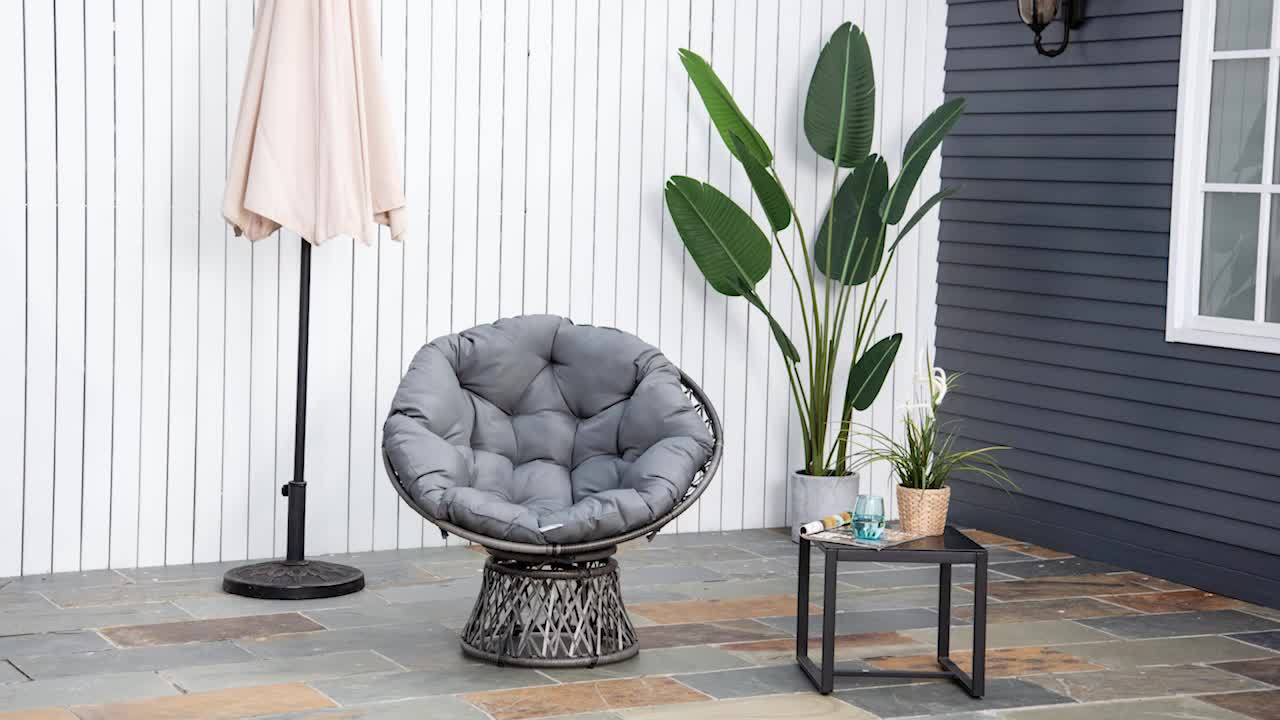 Papasan Stoel – Ronde Tuinstoel – Draaistoel – Lounge Stoel – Relaxstoel – 360° Draaibaar – Weerbestendig Resin Rattan – Groot Zacht Kussen Polyester Grijs