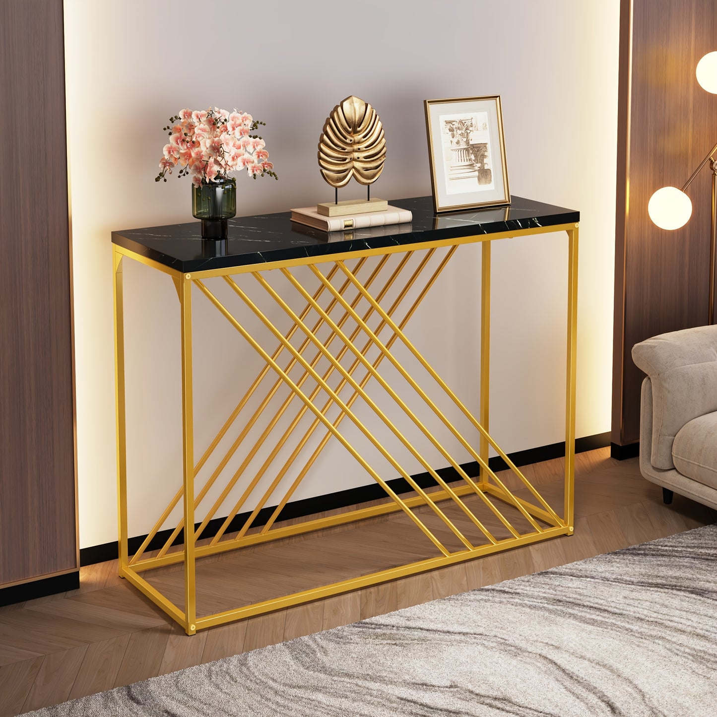 Sidetable – Consoletafel – Wandtafel – Haltafel – Dressoir – Zwart met Gouden Accenten – Hoogglans MDF – 99 cm Breed – Stevig en Eenvoudig te Monteren