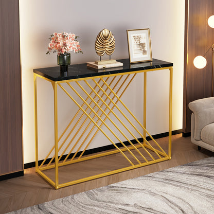 Sidetable – Consoletafel – Wandtafel – Haltafel – Dressoir – Zwart met Gouden Accenten – Hoogglans MDF – 99 cm Breed – Stevig en Eenvoudig te Monteren