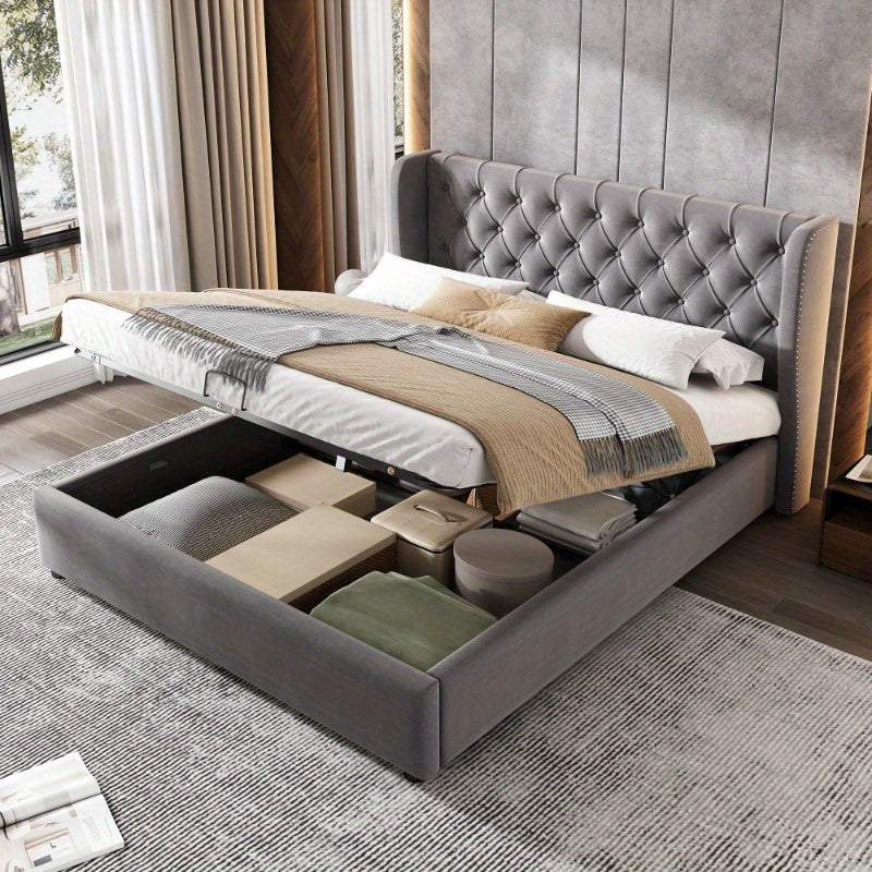 Bedbank – Slaapbank – Bedframe – Opbergbed – Logeerbed – Hydraulisch Opbergbed – Lattenbodem – 140x190 cm – Modern Grijs