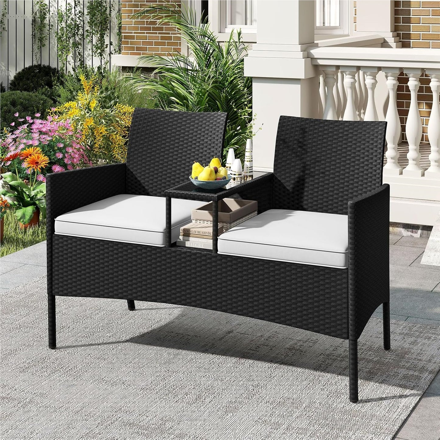 Tuinbank – Loungeset – Bistroset – Tuinmeubilair – Balkonmeubel – Tweezits Met Tafel – Weerbestendig PE-Rattan – Gehard Glas Tafelblad
