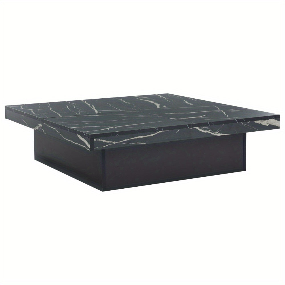Salontafel – Woonkamertafel – Koffietafel – Bijzettafel – Tafel – Zwart Modern Vierkant – Marmerlook Blad – 90x90x25 cm – Vier Lades & Schuifblad – Max. Belastbaar 30 kg