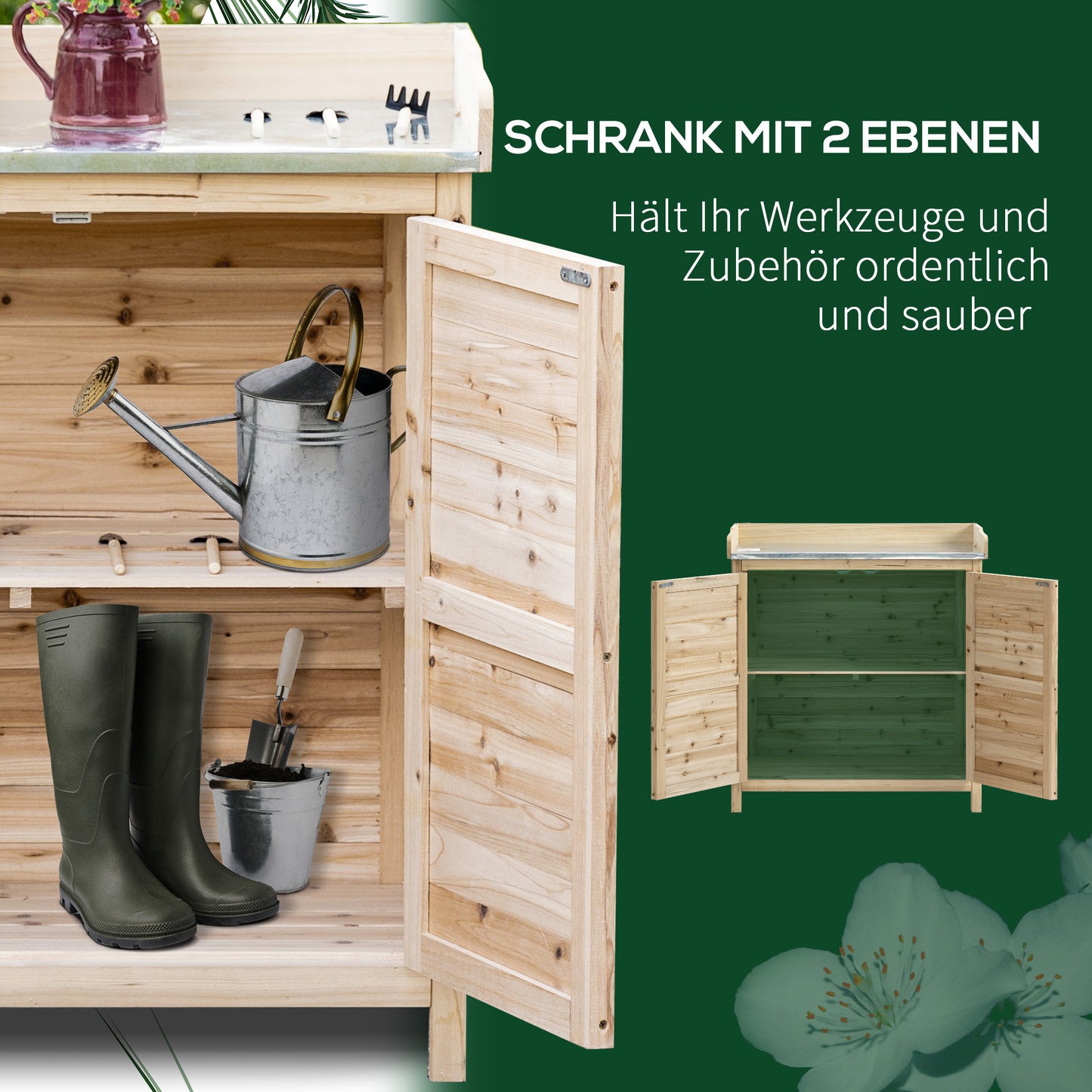 Tuinkast – Tuinmeubel – Gereedschapskast – Opbergkast – Natuurlijke Variant – Massief Vurenhout – Gegalvaniseerd Stalen Werkblad – 83x40x92 cm