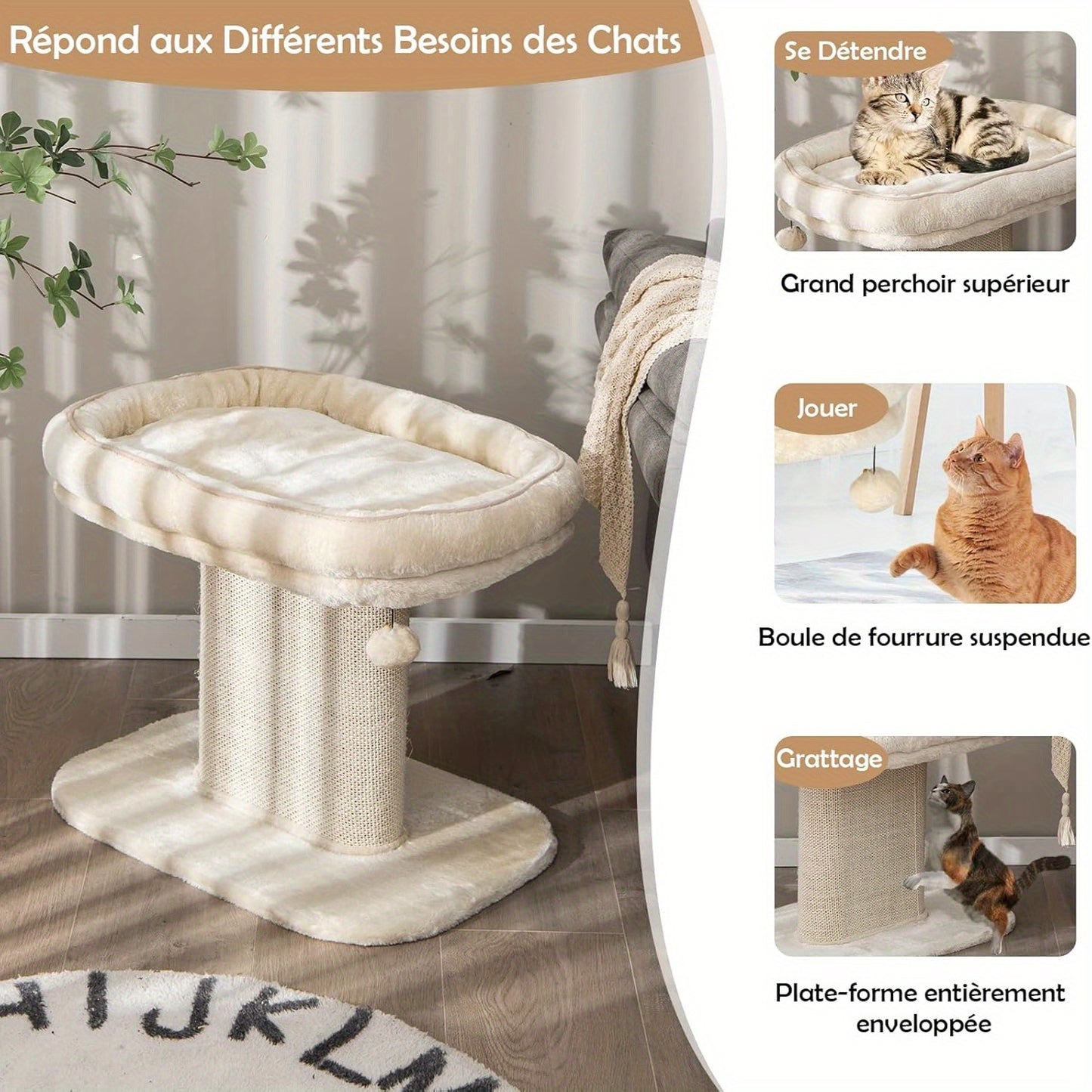 Kattenkrabpaal – Krabpaal – Kattenpaal – Krabmeubel – Kattenmeubel – Beige Variant – Afneembaar Zacht Ligvlak – Brede Sisal Krabpalen