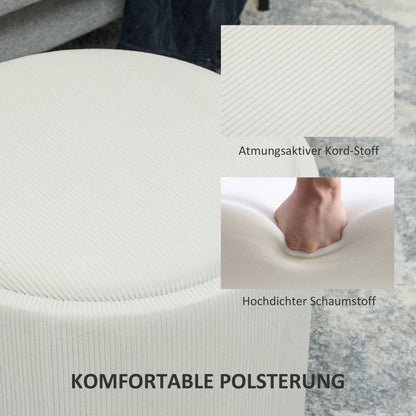 Opbergkruk Ronde Kruk Opbergbox Zitkruk Voetensteun – Crème Wit – Corduroy Stof – MDF Frame – Comfortabele Zitting – Handige Opbergruimte