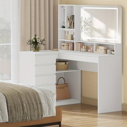 Kaptafel – Make-up Tafel – Vanity Table – Dresser Met Spiegel – Opbergtafel – L-vormige Hoekkaptafel – LED-verlichting – 5 Lades & 7 Open Vakken – Grote Spiegel – Wit
