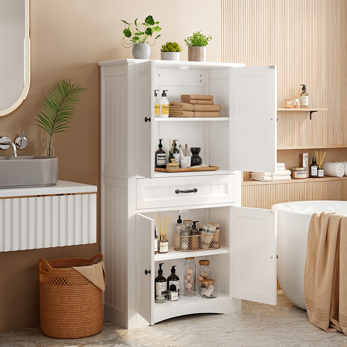 Opbergkast – Voorraadkast – Kastje – Dressoir – Bergkast – Modern – 4 Deuren Met Lade – Verstelbare Planken – Anti-Kiep Veilig – Wit Hout Kunstbord