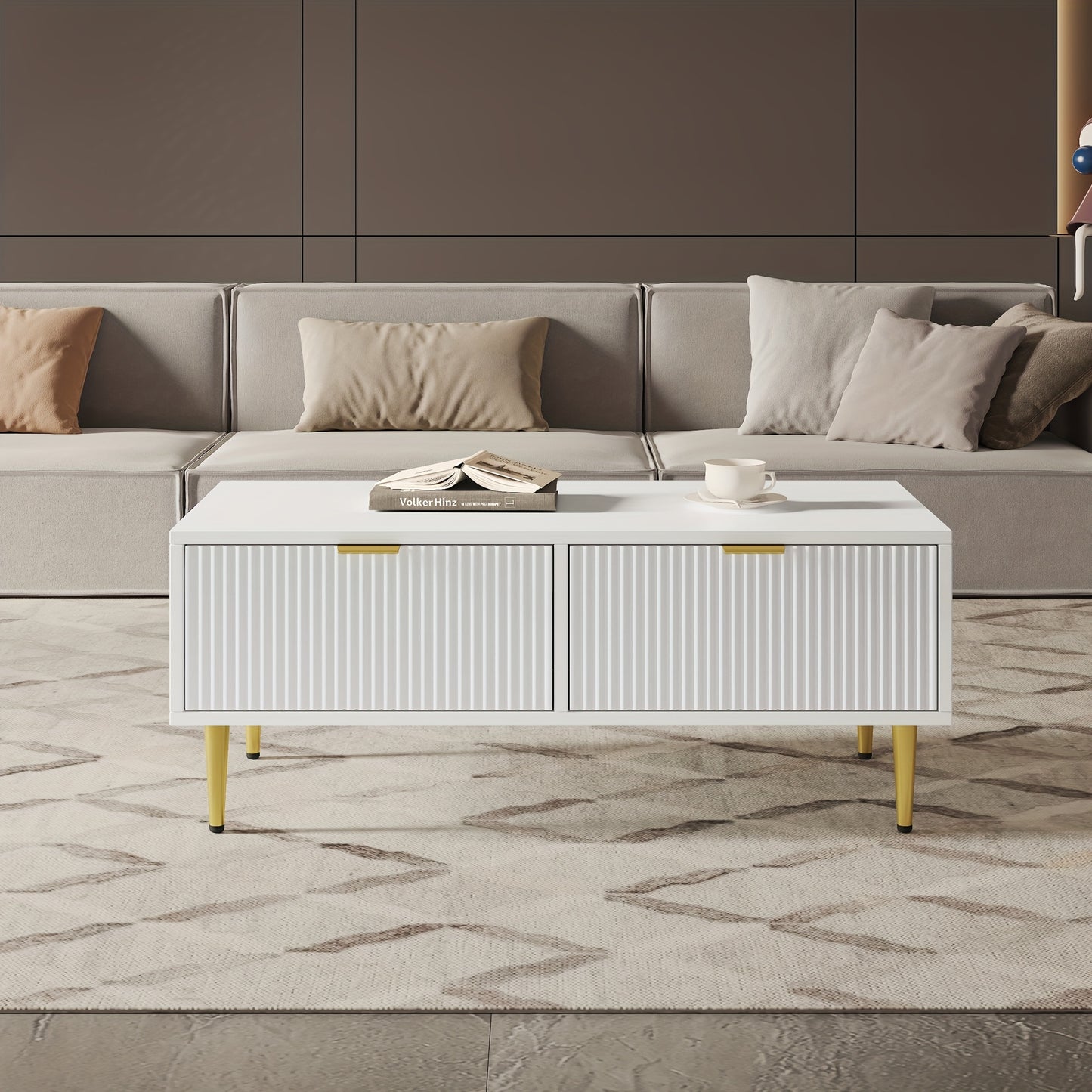 Modern White Metal Coffee Table with Golden Accents, 2 Drawers & Vertical Stripe Design - 100x50x40cm Contemporary Sofa Cabinet for Living Room, No Assembly Required, Coffee Table for Living Room, Decorative Accents, Sleek Fi
