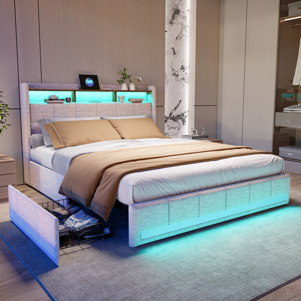 Double Bed with Storage, LED Lighting, 4 Drawers, Storage Function, USB Charging, Quick Assembly, Metal And Linen Bed Frame, Classic, for Adults, Ideal for 8Mj4Txd Bedroom.