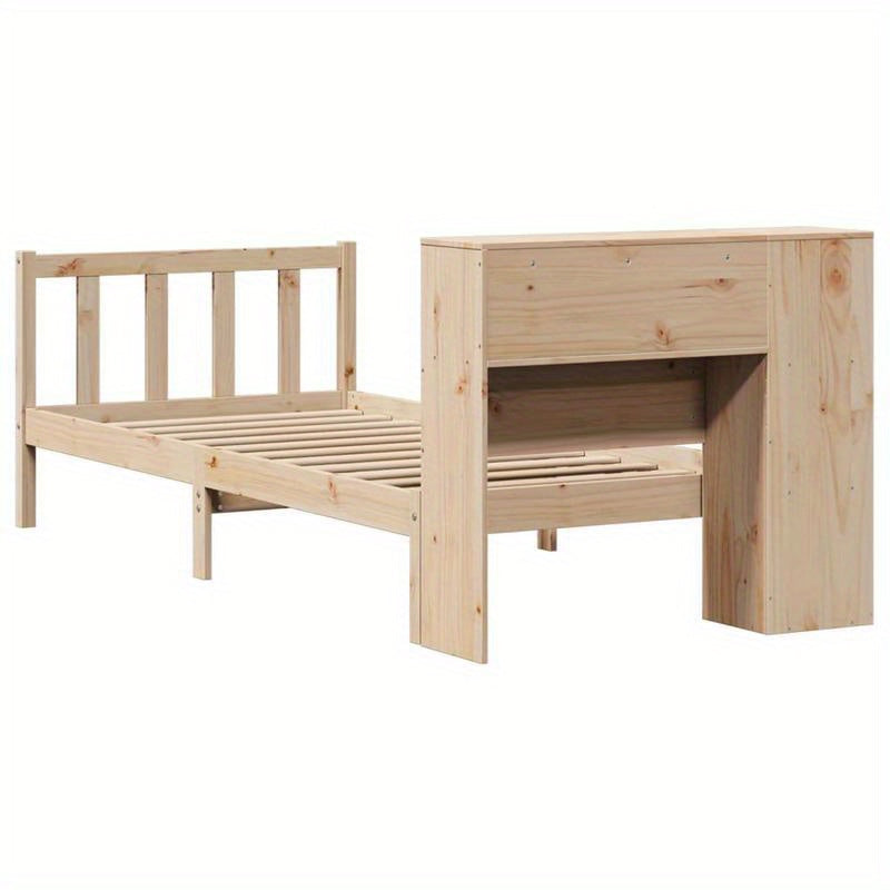 Bedframe – Studiebed – Opbergbed – Boekenbed – Eenpersoonsbed – Massief Pijnhout – Met Boekenplank Hoofdeinde – Compact 75x190 cm – Eenvoudige Montage – Modern Minimalistisch Design – Marrone
