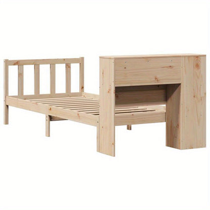 Bedframe – Studiebed – Opbergbed – Boekenbed – Eenpersoonsbed – Massief Pijnhout – Met Boekenplank Hoofdeinde – Compact 75x190 cm – Eenvoudige Montage – Modern Minimalistisch Design – Marrone