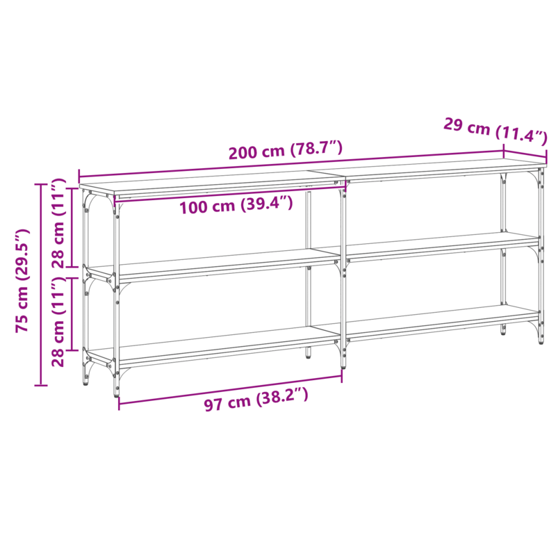 Sidetable – Consoletafel – Wandtafel – Haltafel – Bijzettafel – Massief Eikenhout – 200x29x75 cm – Smal en Duurzaam