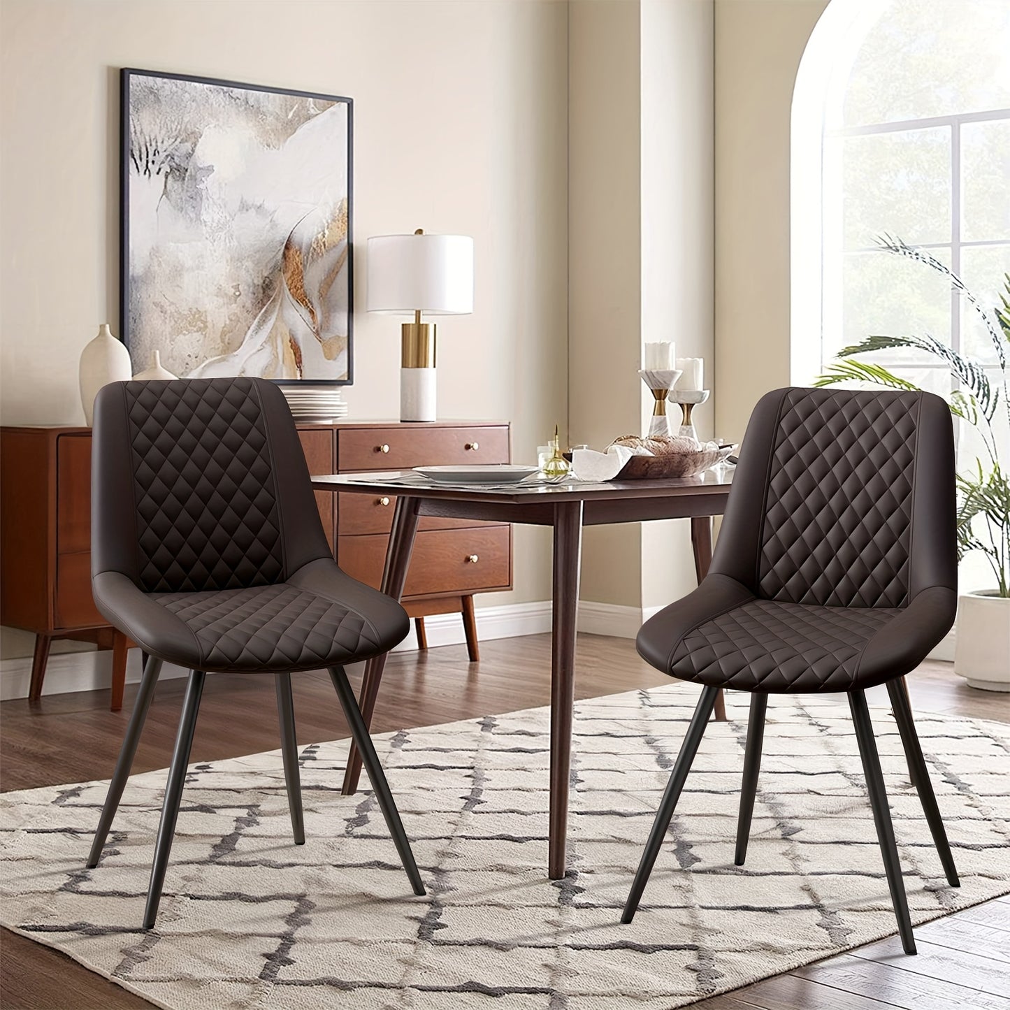 Eetkamerstoelen Set van 2 – Stoelen – Zwarte Stoel – Keukenstoelen – Lounge Stoelen – Donkerbruin Kunstleer – Armlos Design – Hoge Rugleuning – Metalen Poten