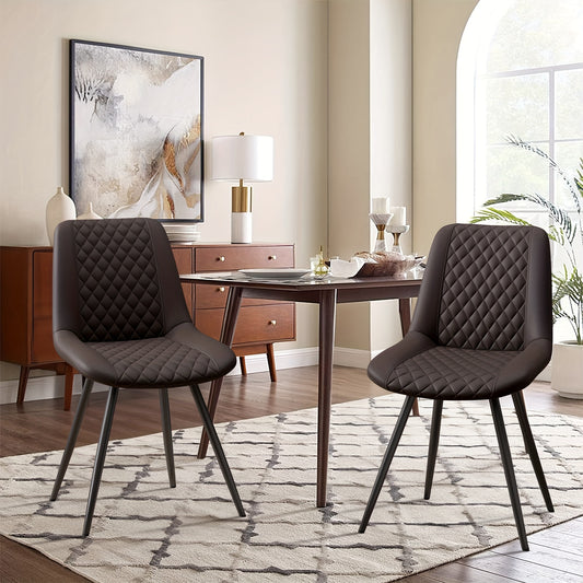 Eetkamerstoelen Set van 2 – Stoelen – Zwarte Stoel – Keukenstoelen – Lounge Stoelen – Donkerbruin Kunstleer – Armlos Design – Hoge Rugleuning – Metalen Poten