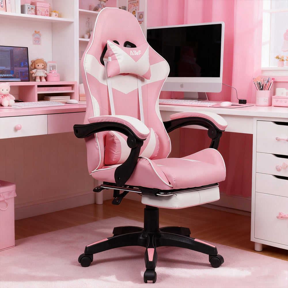 Gamingstoel – Gamestoel – Gaming Chair – Game Stoel – Bureaustoel – Verstelbare Lendensteun – Draaibare Neksteun – Aluminium Frame – Roze
