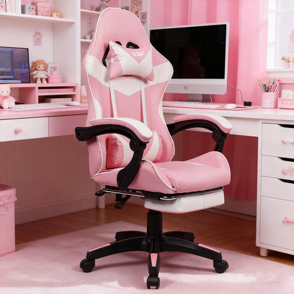 Gamingstoel – Gamestoel – Gaming Chair – Game Stoel – Bureaustoel – Verstelbare Lendensteun – Draaibare Neksteun – Aluminium Frame – Roze