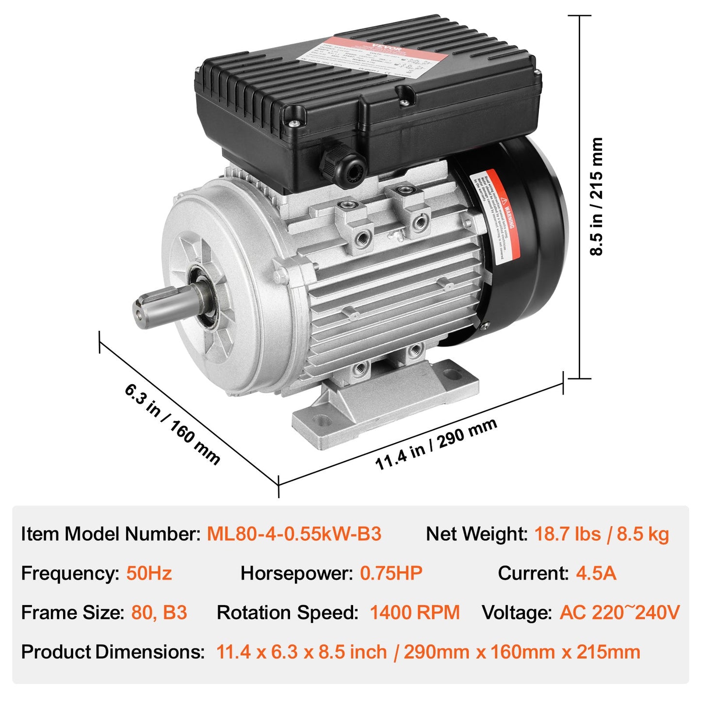 Elektrische Motor – Industriële Motor – Universele Motor – Waterpomp Motor – Machine Motor – 0,55 kW Vermogen – Roestvrijstalen Behuizing