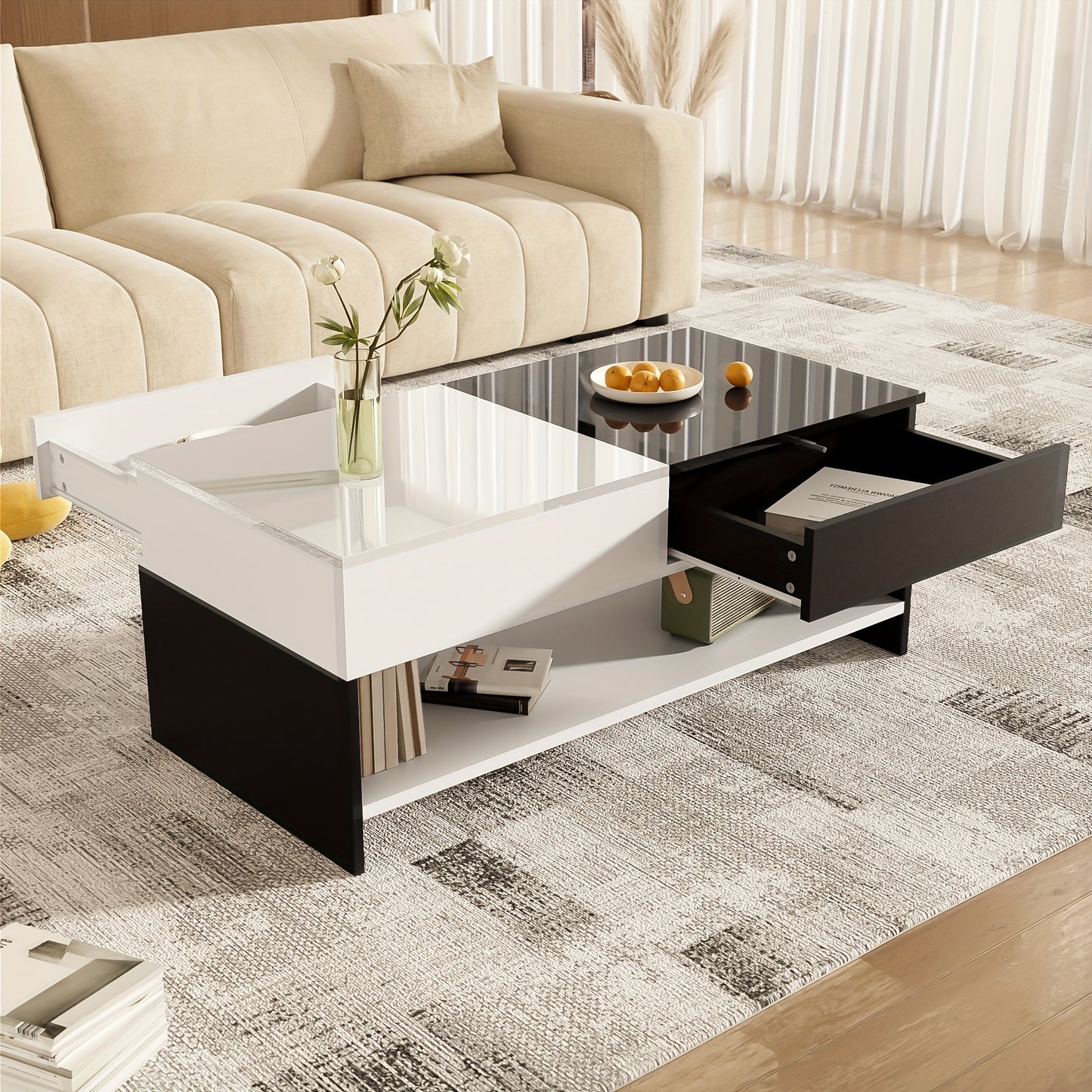 Salontafel – Koffietafel – Bijzettafel – Woonkamertafel – Tafel – Zwart Wit Design – 2 Laden Opbergruimte – Hoogglans 100 cm