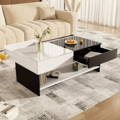 Salontafel – Koffietafel – Bijzettafel – Woonkamertafel – Tafel – Zwart Wit Design – 2 Laden Opbergruimte – Hoogglans 100 cm