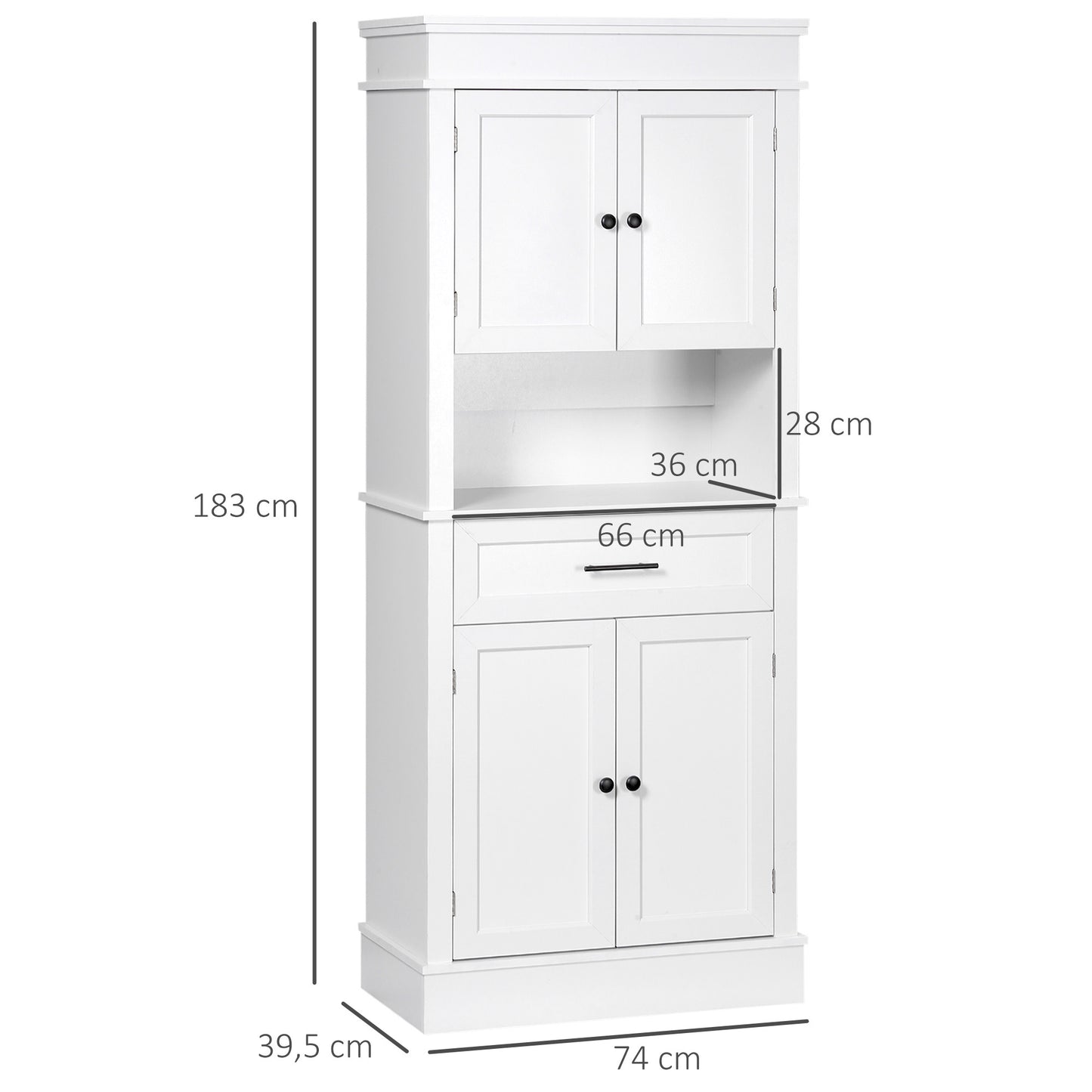 Opbergkast Keukenkast Buffetkast Dressoir Kastenwand Wit – Modern Design – Verstelbare Planken & Compact Formaat 74x39,5x183 cm