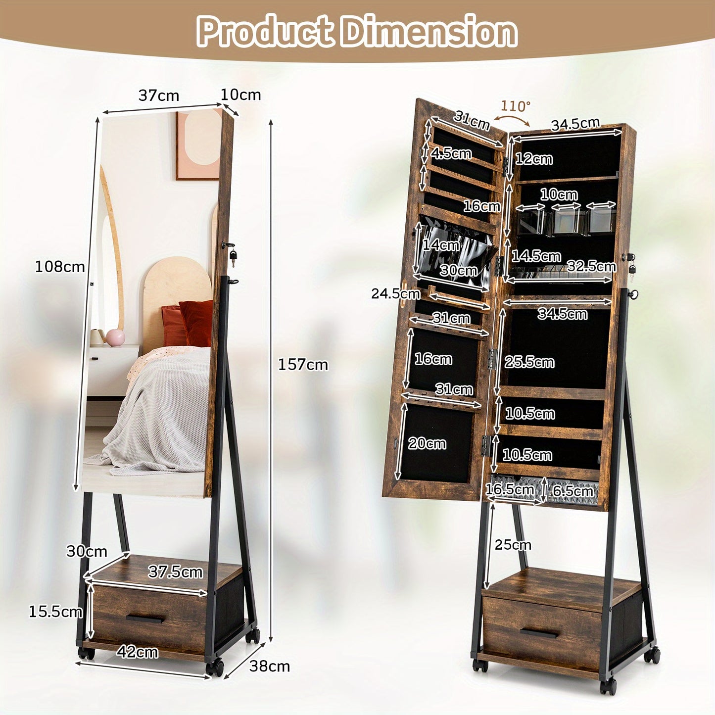 Sieradenkast – Sieradenkist – Jewelry Armoire – Sieradenhouder – Sieradendoos – Met Slot – Volledige Spiegel – Grote Opbergruimte – Mobiel Op Wielen – Hout Kleur Koffie