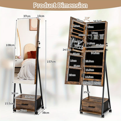 Sieradenkast – Sieradenkist – Jewelry Armoire – Sieradenhouder – Sieradendoos – Met Slot – Volledige Spiegel – Grote Opbergruimte – Mobiel Op Wielen – Hout Kleur Koffie
